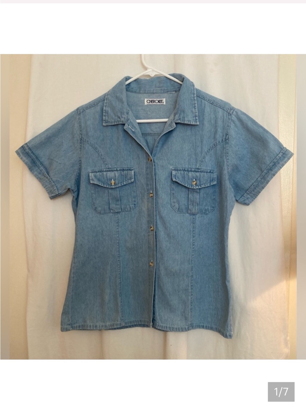 Cherokee Light Blue Denim Short Sleeve Button-Down Shirt with Front Flap Pockets